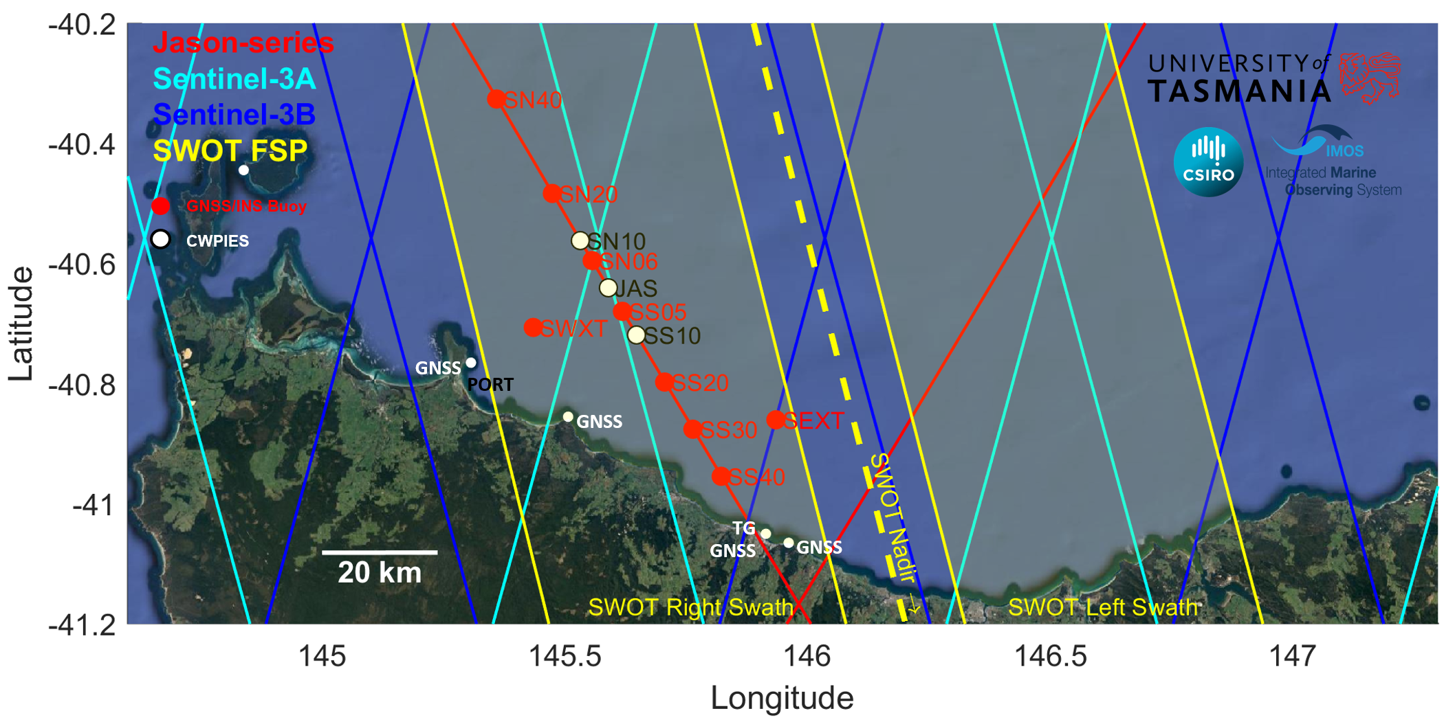 Detailed view of the Bass Strait altimeter validation facility
