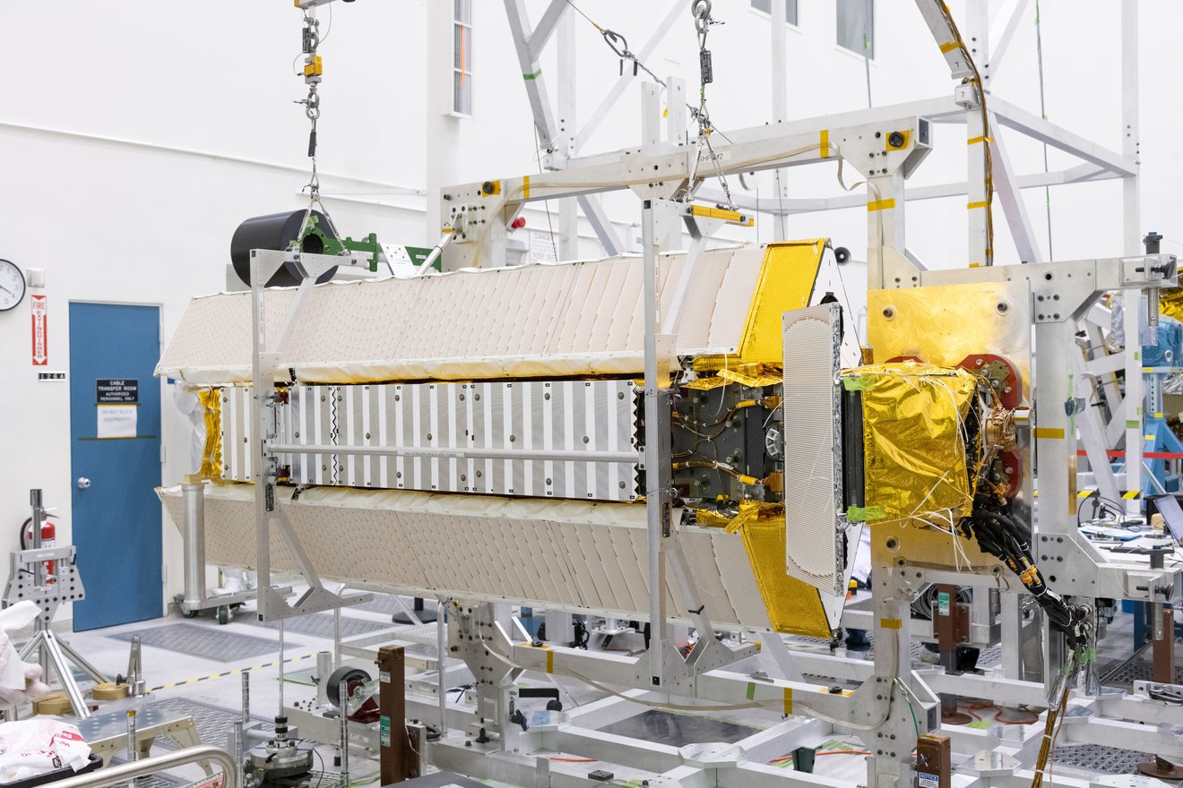 SWOT's science instrument payload sitting in a clean room during assembly.