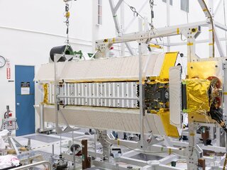 Part of the SWOT satellite's science instrument payload in a clean room at NASA's Jet Propulsion Laboratory.