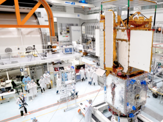 Part of the SWOT satellite's science instrument payload in a clean room at a Thales facility.