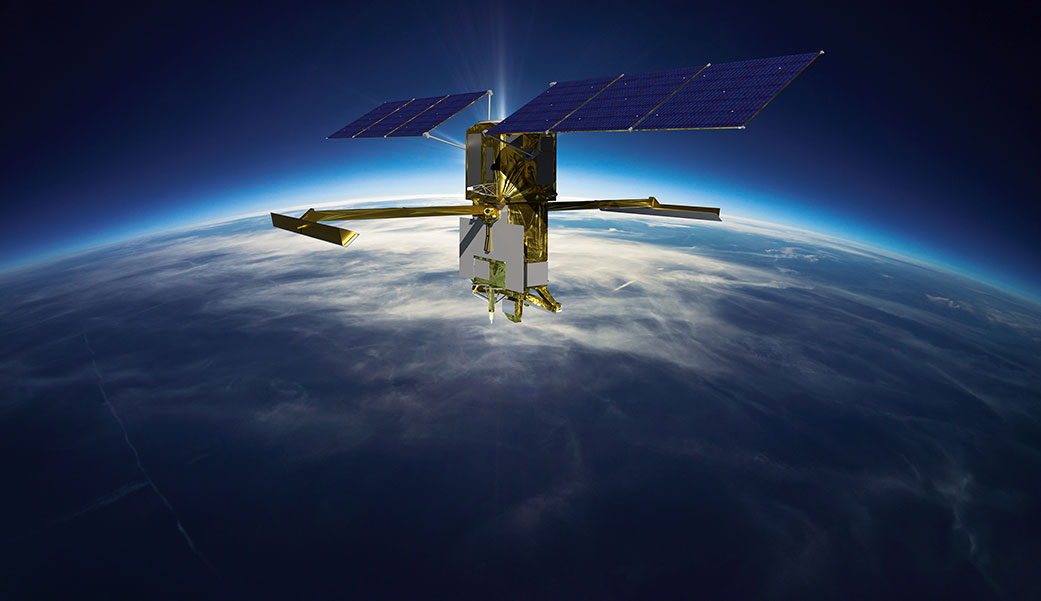  


This illustration shows the Surface Water and Ocean Topography (SWOT) satellite in orbit with its solar panels and KaRIn instrument antennas deployed.

Credits: CNES

