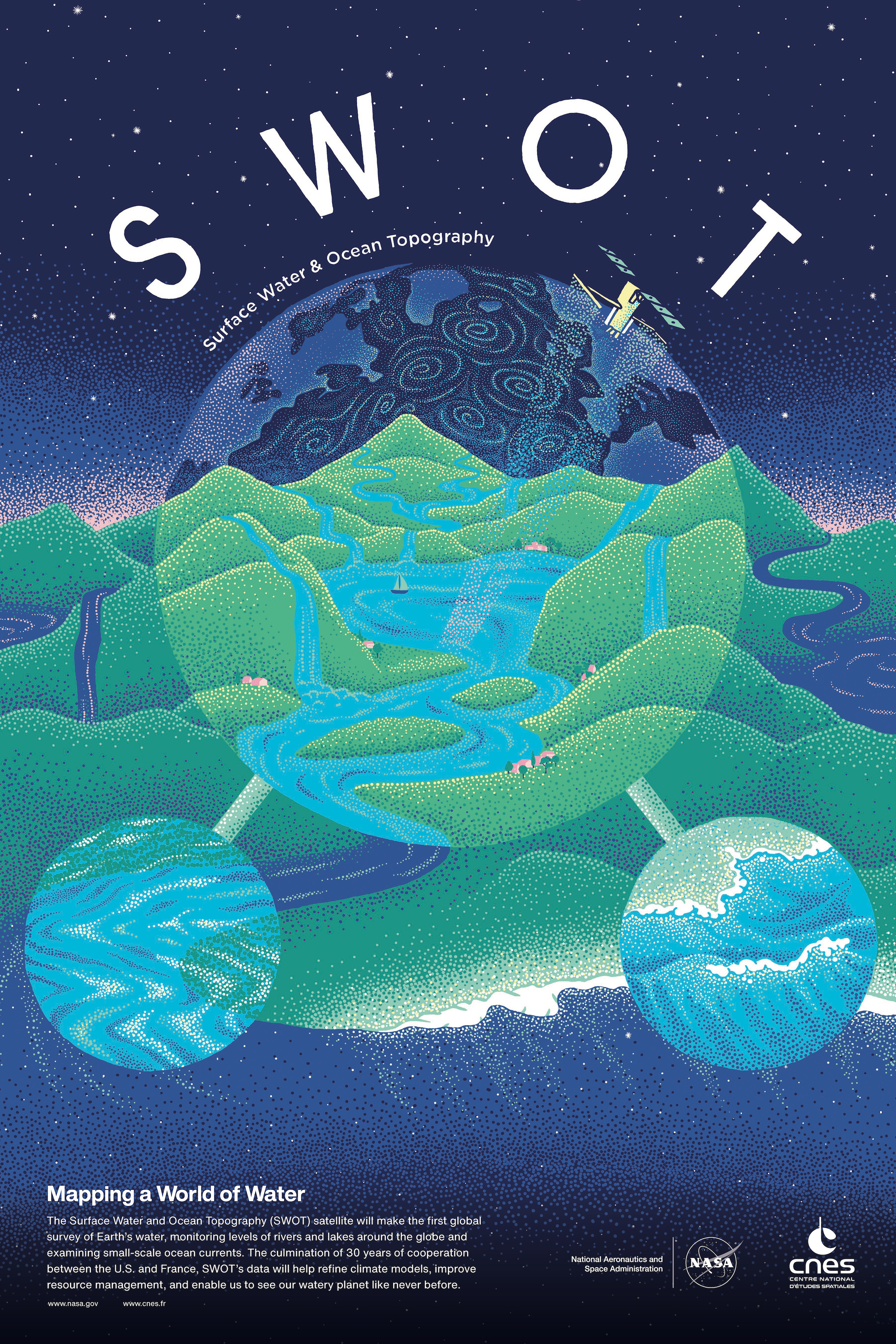 This collaborative mission poster, designed by CNES (French Space Agency), shows the Surface Water and Ocean Topography (SWOT) satellite soaring over an abstract of a water molecule.