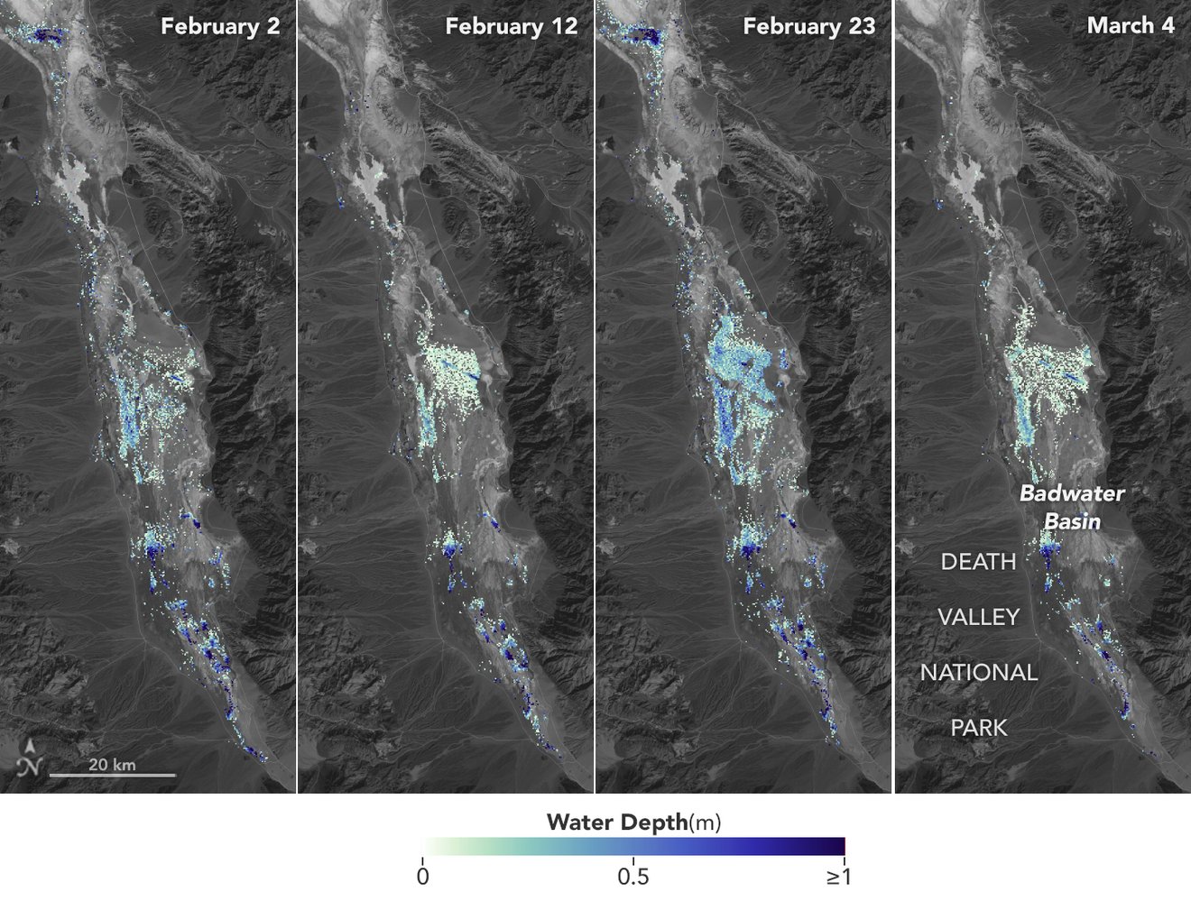 



Water depths in Death Valley’s temporary lake ranged between about 3 feet (or 1 meter, shown in dark blue) to less than 1.5 feet (0.5 meters, light yellow) from February through early March. By measuring water levels from space, SWOT enabled research to calculate the depth.

Credit: NASA/JPL-Caltech


