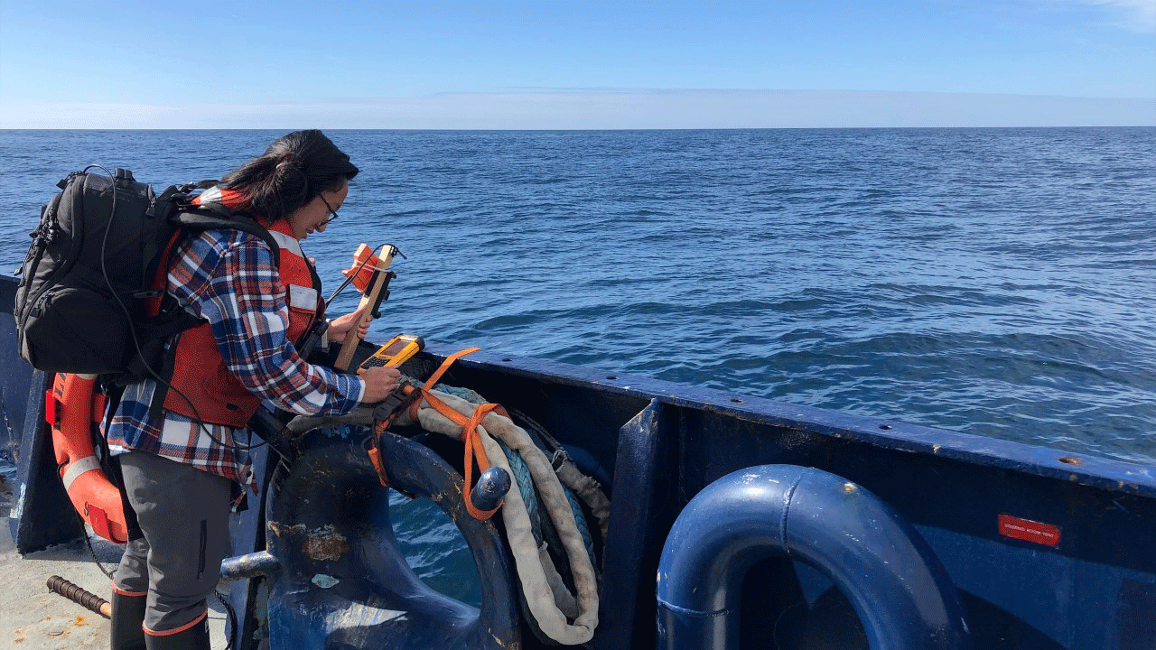 



Kelly Luis, a NASA postdoctoral program fellow at NASA’s Jet Propulsion Laboratory in Southern California, uses a handheld instrument called the Spectral Evolution to measure water color during the Sub-Mesoscale Ocean Dynamics Experiment (S-MODE) mission.

Credit: NASA/Avery Snyder


