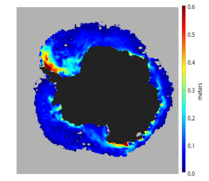 An animation showing arctic sea ice freeboard - the amount of ice above the waterline, and how it changes over three weeks.