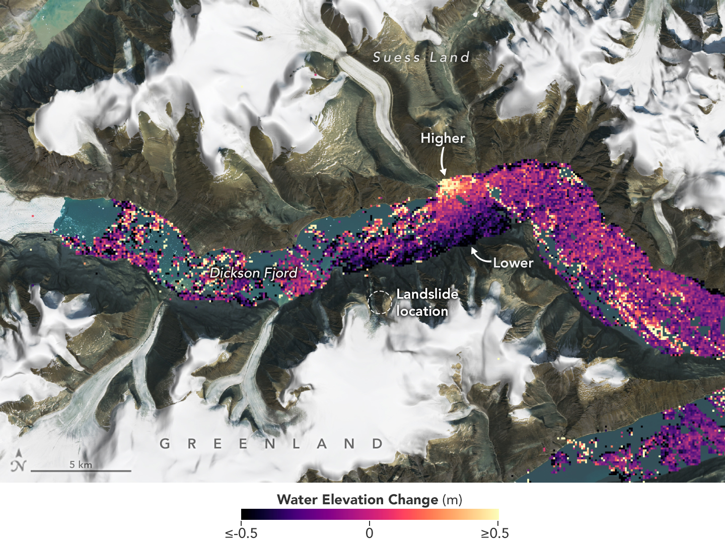 



A SWOT data visualization shows water on the northern side of Greenland’s Dickson Fjord at higher levels than on the southern side on Sept. 17, 2023. A huge rockslide into the fjord the previous day led to a tsunami lasting nine days that caused seismic rumbling around the world.

Credit: NASA Earth Observatory


