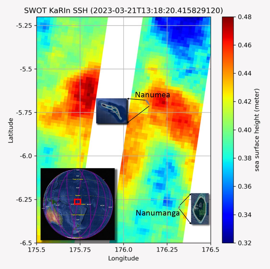 The Surface Water and Ocean Topography (SWOT) mission collected data on sea levels around two of the inhabited islands of Tuvalu, a nation in the South Pacific Ocean that has been threatened with sea level rise. Credit: NASA/JPL-Caltech
