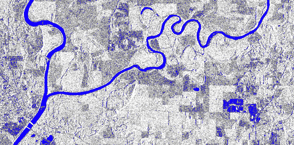 A grayscale surface water map of the Ohio River, showing water in blue.