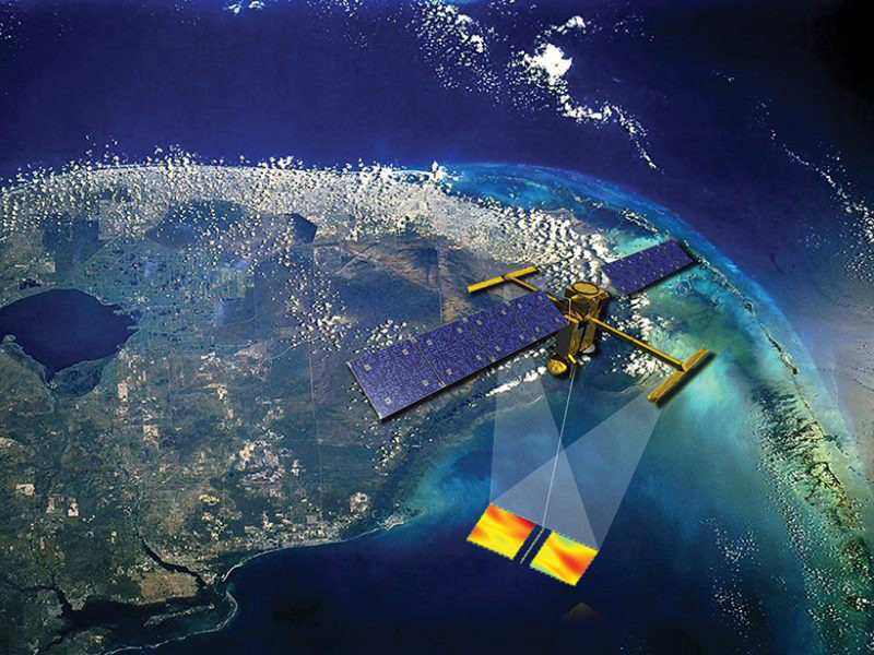 Artist's impression of the future SWOT satellite making sea surface height observations, even through clouds.